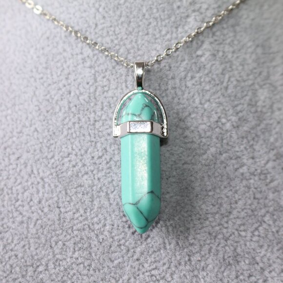 Turquoise Howlite Crystal Point Necklace – Silver Tone Chain, Healing Stone Pend - Picture 3 of 5